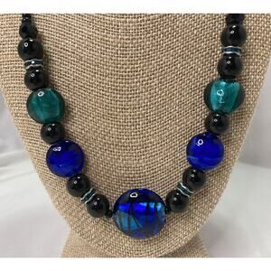 Vintage Lampwork Glass Beaded Necklace Blue Black 20” - 22” Adj.